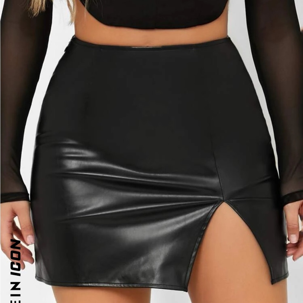 Split Thigh PU Leather Skirt